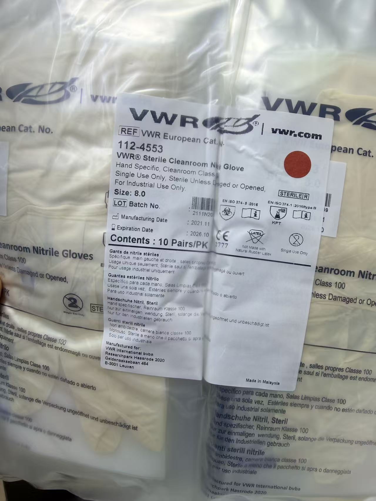 VWRI  112-4553洁净室灭菌丁晴手套